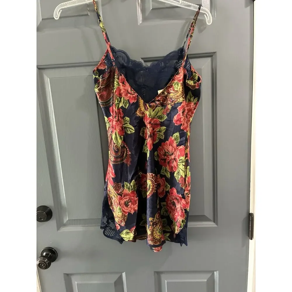 Vtg Victorias Secret Liquid Satin Chemise Slip Small Floral Gold Label Glossy